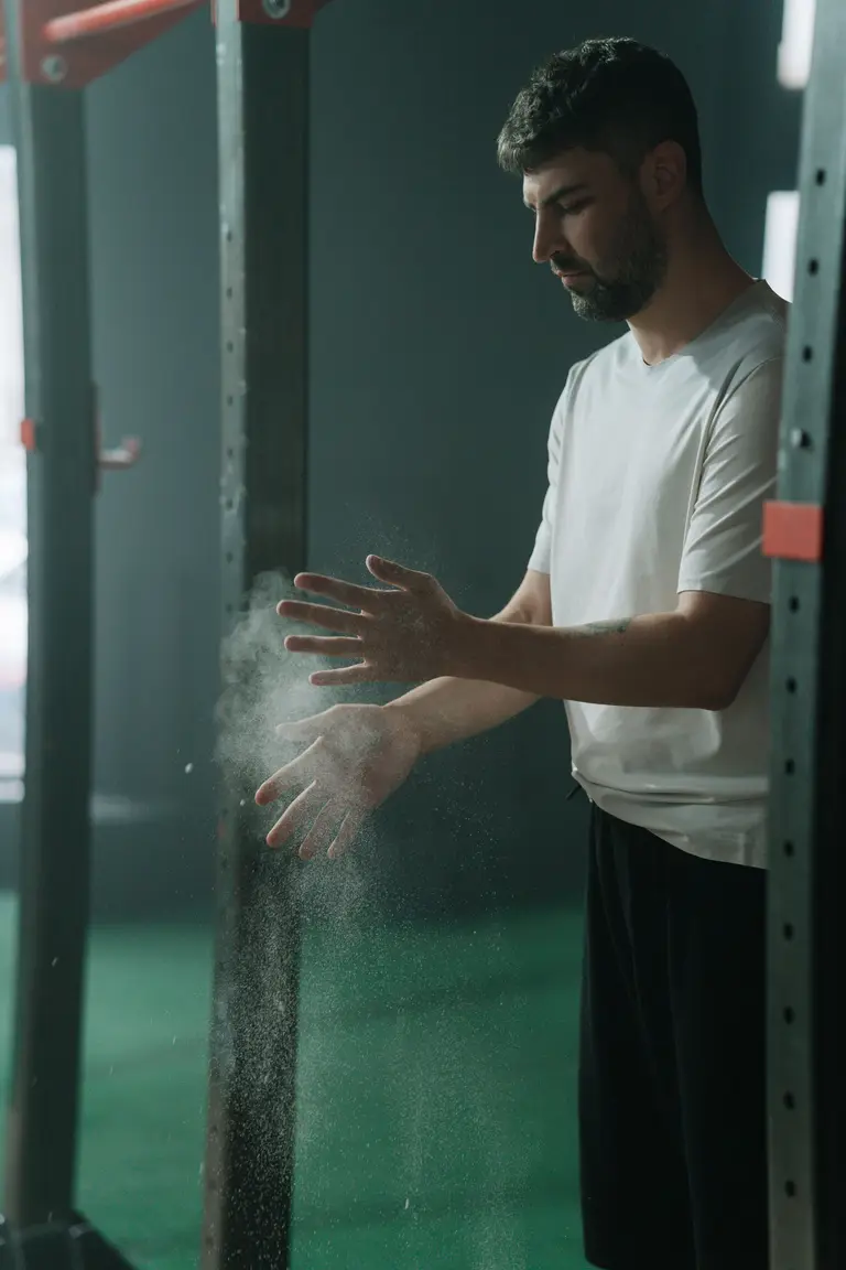 An athlete chalking his hands beside a gym rack