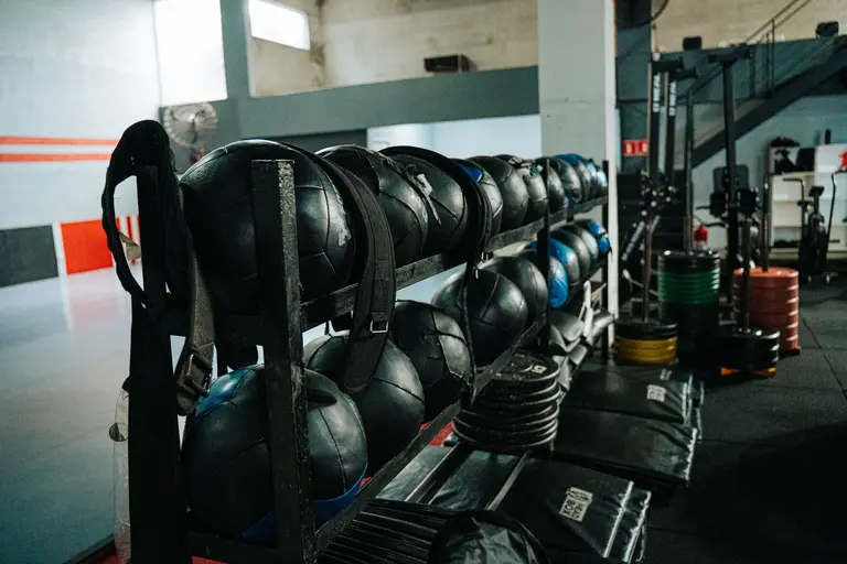 Rows of medicine balls on racks in a modern gym